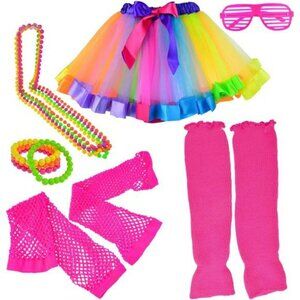 Kids 80s Rainbow Costume Tutu Set Gloves Glasses Bracelets Dance Party Outfit